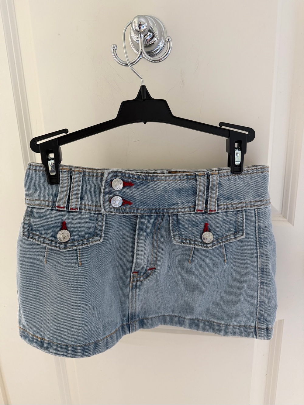 Edikted Light Wash Denim Mini Skirt with Red Stitching